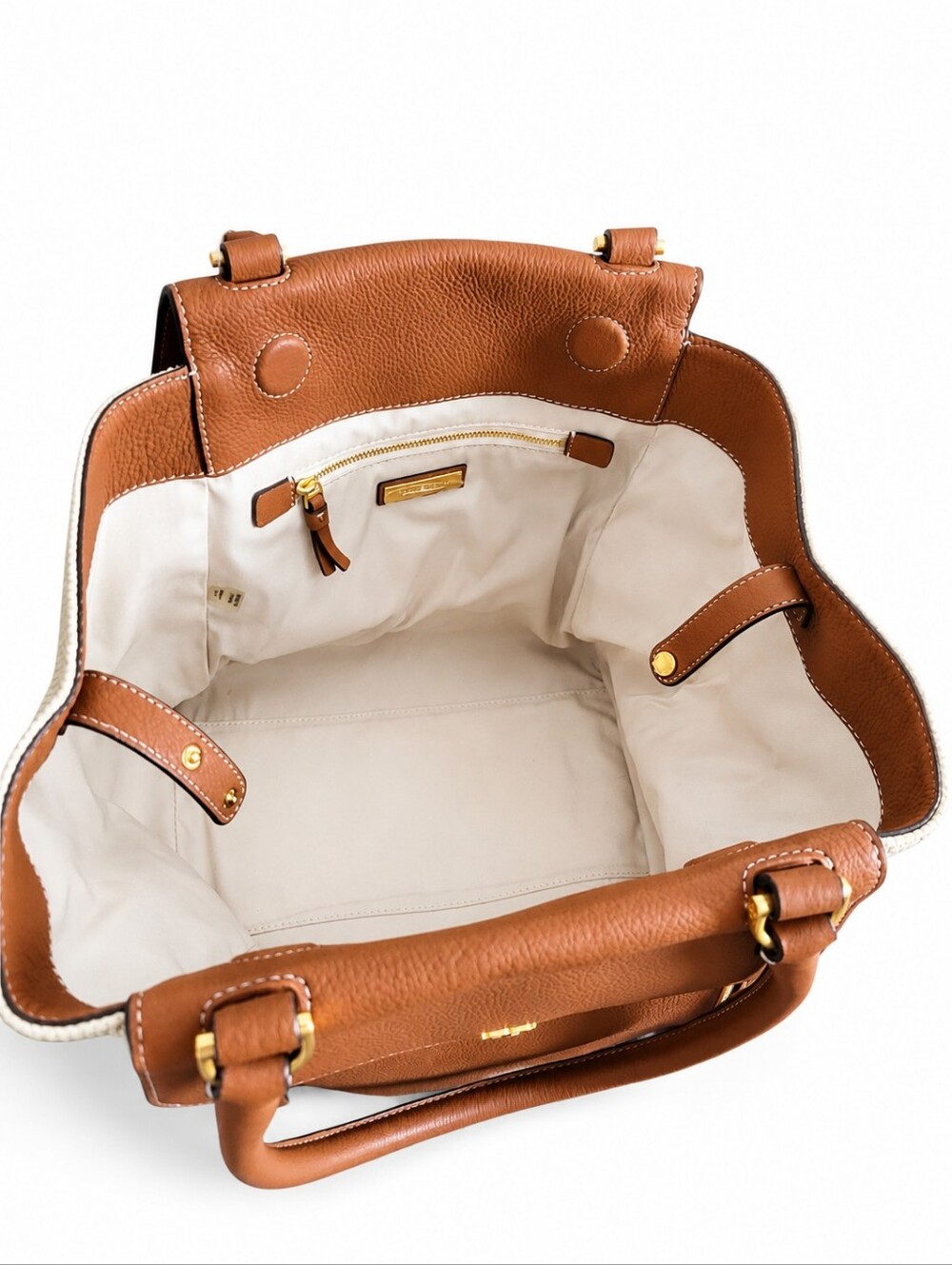 Tory Burch Cognac Leather Tote with Cream Woven Sides - Picture 3 of 4